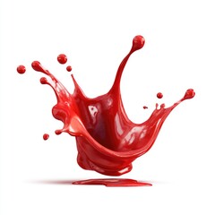Vibrant red liquid explodes in a dynamic splash against a stark white background, showcasing its glossy texture and energetic motion with tiny droplets scattering outwards