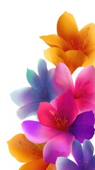 Vibrant, stylized floral arrangement in orange, pink, purple, and blue hues, digitally rendered with soft, gradient shading, clustered on a white background