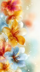 Vibrant, stylized floral arrangement, pastel hues of orange, yellow, and blue flowers, bokeh background, glistening dew drops