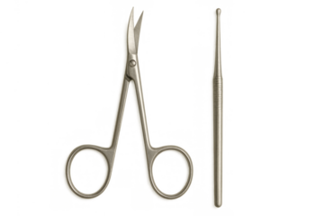 Stainless steel nail scissors and cuticle pusher for personal grooming and beauty care, transparent background for easy use