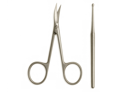 Stainless steel nail scissors and cuticle pusher for personal grooming and beauty care, transparent background for easy use - Powered by Adobe