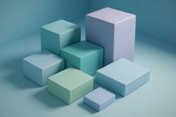 Obraz premium Pastel geometric blocks artfully arranged on a light blue surface with soft shadows
