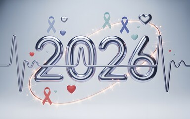 Healthcare in 2026 with heartbeat line, heart and medical ribbon as decoration