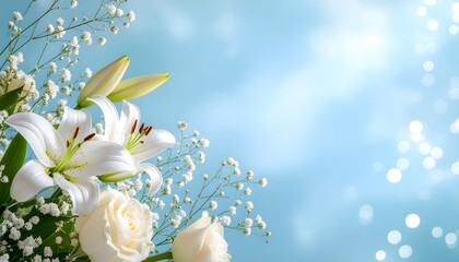 Beautiful white lilies and roses with baby's breath on a soft blue background © Hamky
