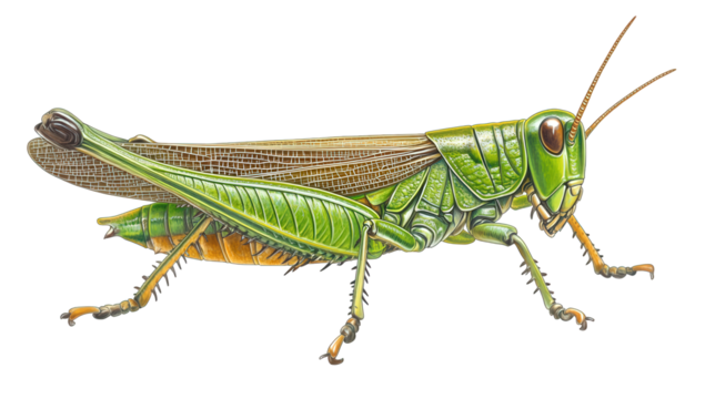 A green grasshopper isolated on transparent background, displaying its detailed anatomy, including its strong legs, antennae, and textured body, in a side view
