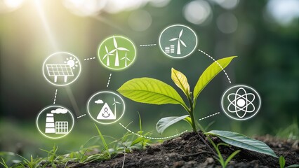 Green energy future blooming with plant sprout surrounded by solar panels, wind turbines, and sustainable industry icons for a cleaner world ahead