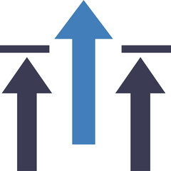 Three arrows one blue in center one dark blue on left and right showing upward progress and business growth on transparent background