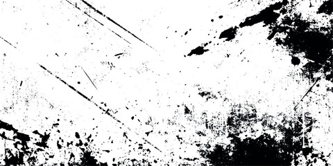 Grunge black and white distressed texture overlay with rough ink splatter and worn edges perfect for album covers, urban graphics, vintage photo effects.