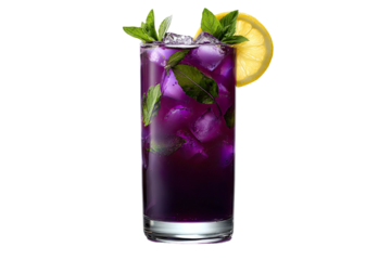 Purple drink, lemon slice, ice, and mint in clear glass
