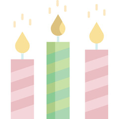 Three birthday candles with colorful stripes and flame on a transparent background celebrating a special occasion