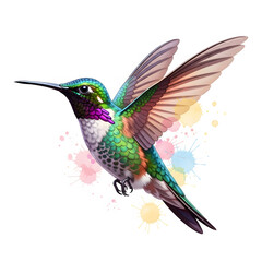 Fototapeta premium Vibrant watercolor illustration of a colorful hummingbird in mid-flight against a white background with paint splatters.