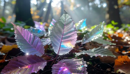 Naklejka premium Ethereal iridescent leaves glowing with magical rainbow colors on the enchanting autumn forest floor with sunbeams