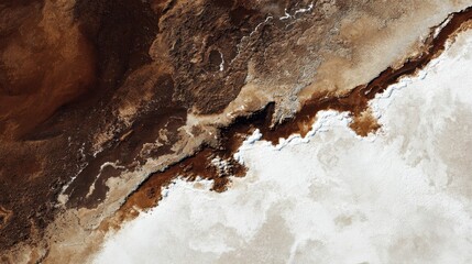 Obraz premium Aerial view of the dry salt lake edge with cracked ground, bright mineral patterns, natural texture and wide landscape, showing contrast between smooth salt areas and rough terrain