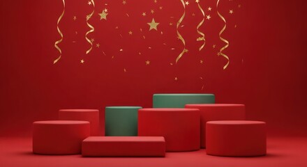 Red and green pedestals on a red background with falling golden stars and ribbons