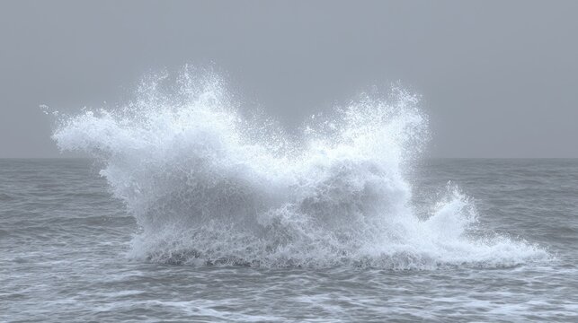 Powerful ocean wave breaking with immense white spray and foam under a grey, calm sky