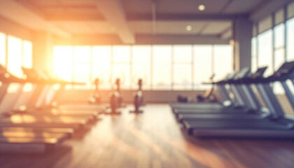 Blurred gym with treadmills facing sunny windows