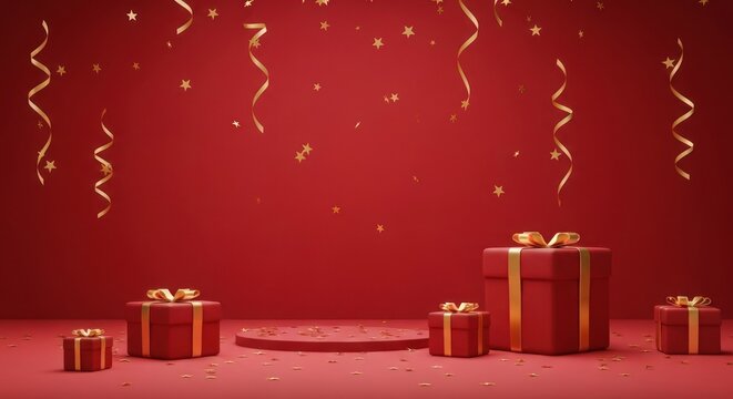 Red background with circular podium, gifts, falling gold stars and ribbons for celebration - Powered by Adobe