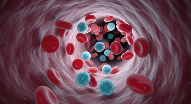 Red blood cells and blue cells flowing through a tubular vessel lumen