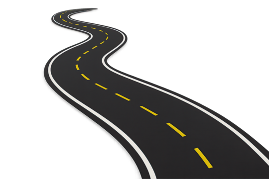 Winding Asphalt Road Illustration: Journey, Direction, and Future Path Concept - A Scenic Representation of Travel, Transportation, and Strategic Route Planning with Yellow Lane Markings and White Bor - Powered by Adobe