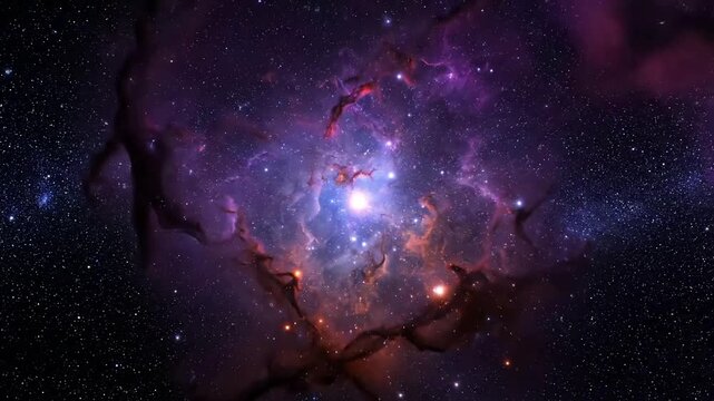 Dynamic abstract celestial patterns, featuring swirling nebulae of glowing gas and intricate stellar nurseries in a cosmic ballet of light and color. Close up, flowing, organic motion