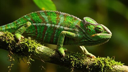 The tranquil yet ever vigilant presence of a chameleon perched motionless on a branch, embodying natural patience and the quiet essence of wildlife survival. - Powered by Adobe