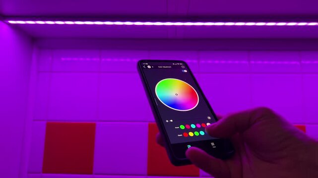Change the color of the led light strip on phone by app. Smart home multicolor diode line lght in an aluminum profile glows a purple RGB color. 