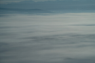 Sea of clouds spreading over Nayoro, Hokkaido on a minus twenty degrees winter morning, creating a breathtaking and serene atmospheric landscape above the frozen land