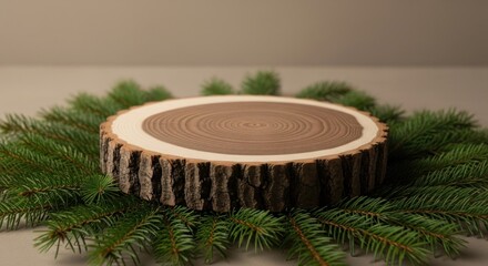 Obraz premium Rustic wood round display pedestal on vibrant green pine boughs
