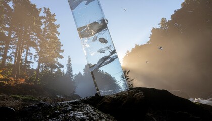 Fototapeta premium The Beam of Light Illuminates Nature's Serene Landscape with Majestic Trees and Flowing Water