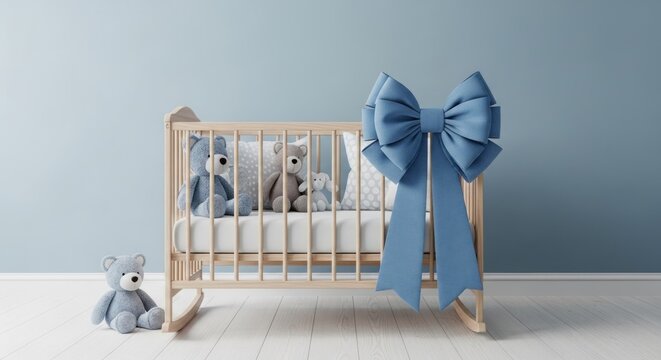 Serene blue nursery features a wooden crib, large blue bow, and several cute teddy bears