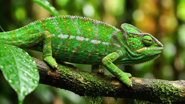 A close up view of a vibrant chameleon, perfectly camouflaged amidst lush green foliage, showcasing its remarkable ability to blend into its natural surroundings.