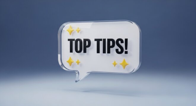 Shiny transparent speech bubble displaying 'TOP TIPS!' with golden stars on a blue background