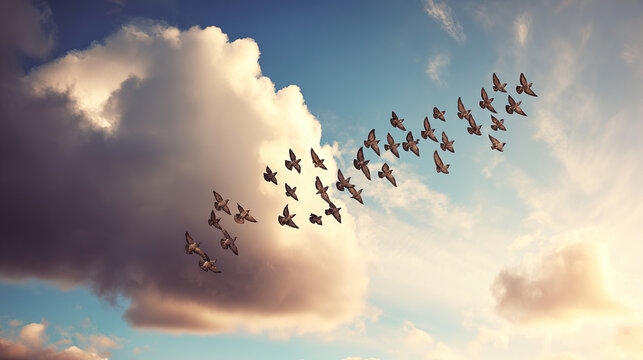 migration. A flock of birds migrates south across an autumn sky at golden hour. representing seasonal cycles and harvest abundance, wildlife magazines, designed for eco-tourism storytelling.
