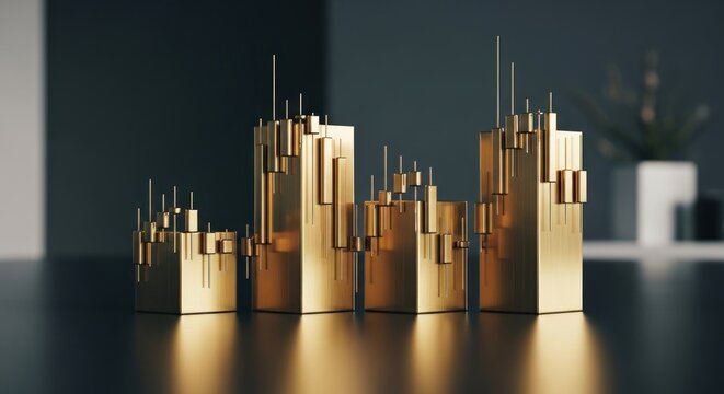 Shiny golden blocks form a stylized cityscape or data graph on dark surface