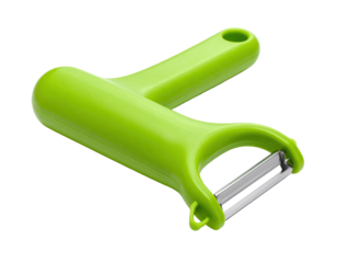 Bright green vegetable peeler with silver blade on black