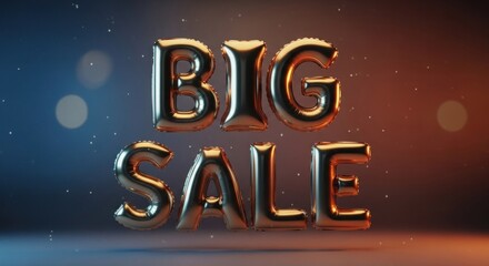 Shiny silver balloon letters spell 'BIG SALE' against a blue-orange bokeh particle background