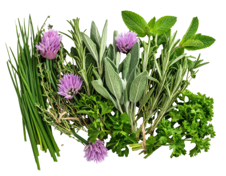 Herb bundle with chives, sage, thyme, rosemary, mint, parsely