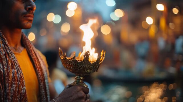 Devotee offering aarti during Ganga aarti ceremony in Varanasi, India