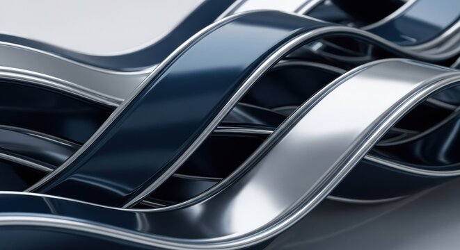 Sleek intertwining glossy blue and metallic silver bands create a dynamic abstract pattern