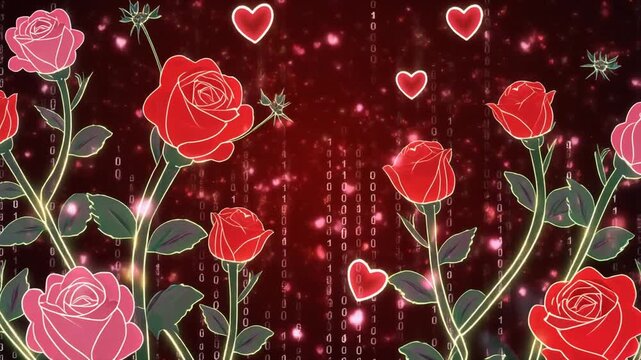 Stylized red and pink roses with glowing outlines against a sparkling red background with floating hearts, creating a romantic and celebratory atmosphere.