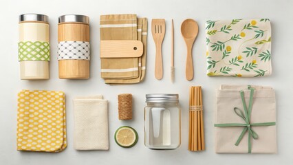 Sustainable living essentials flatlay showcases eco-friendly kitchen and home products for a zero-waste lifestyle, perfect for conscious consumers and green brands