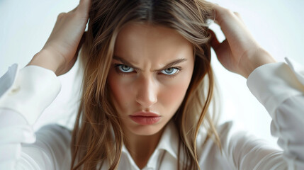 A striking portrait captures a woman's raw frustration and annoyance, her hands gripping her hair as her intense gaze pierces the lens. 
