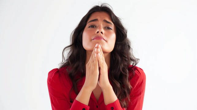 Capturing a woman in a deep moment of reflection and prayer, her hands clasped and eyes reflecting sincere emotion. Capturing her vulnerability and devotion.