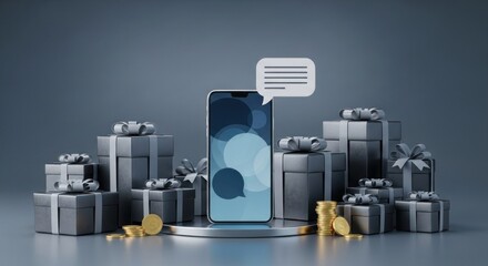 Smartphone on pedestal with gifts, coins, and chat bubble. Digital rewards and communication