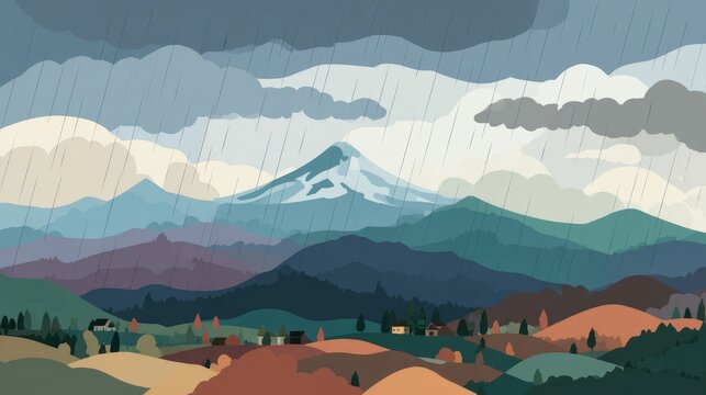 A stylized landscape painting depicting a snow-capped mountain range under a heavy, dramatic rain. Rolling hills and small houses dot the foreground, showcasing autumnal colors. - Powered by Adobe