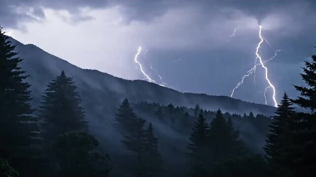 Torrential rain pelting a dense, ancient forest, with dramatic wind swept trees swaying violently and mist rising from the saturated ground, emphasizing raw nature's intensity.