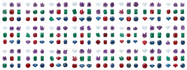 Seamless vector pattern of various colorful faceted gemstones and raw crystals including diamonds, rubies, emeralds, and amethysts on white.