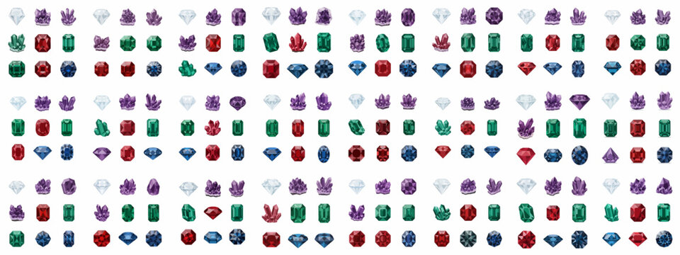 Seamless vector pattern of various colorful faceted gemstones and raw crystals including diamonds, rubies, emeralds, and amethysts on white.
