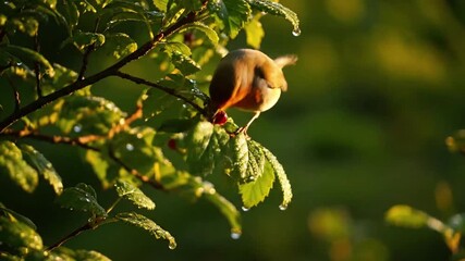 Macro view of dew kissed leaves on a vibrant bush at dawn, capturing intricate water droplets reflecting soft morning light. Close up, detailed, serene