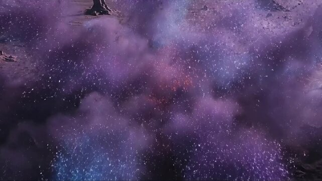 The mesmerizing visual sequence of a vibrant, iridescent energy cloud rapidly expanding and dissipating across a desolate, alien landscape. Dynamic, high speed capture of a natural, non destructive?